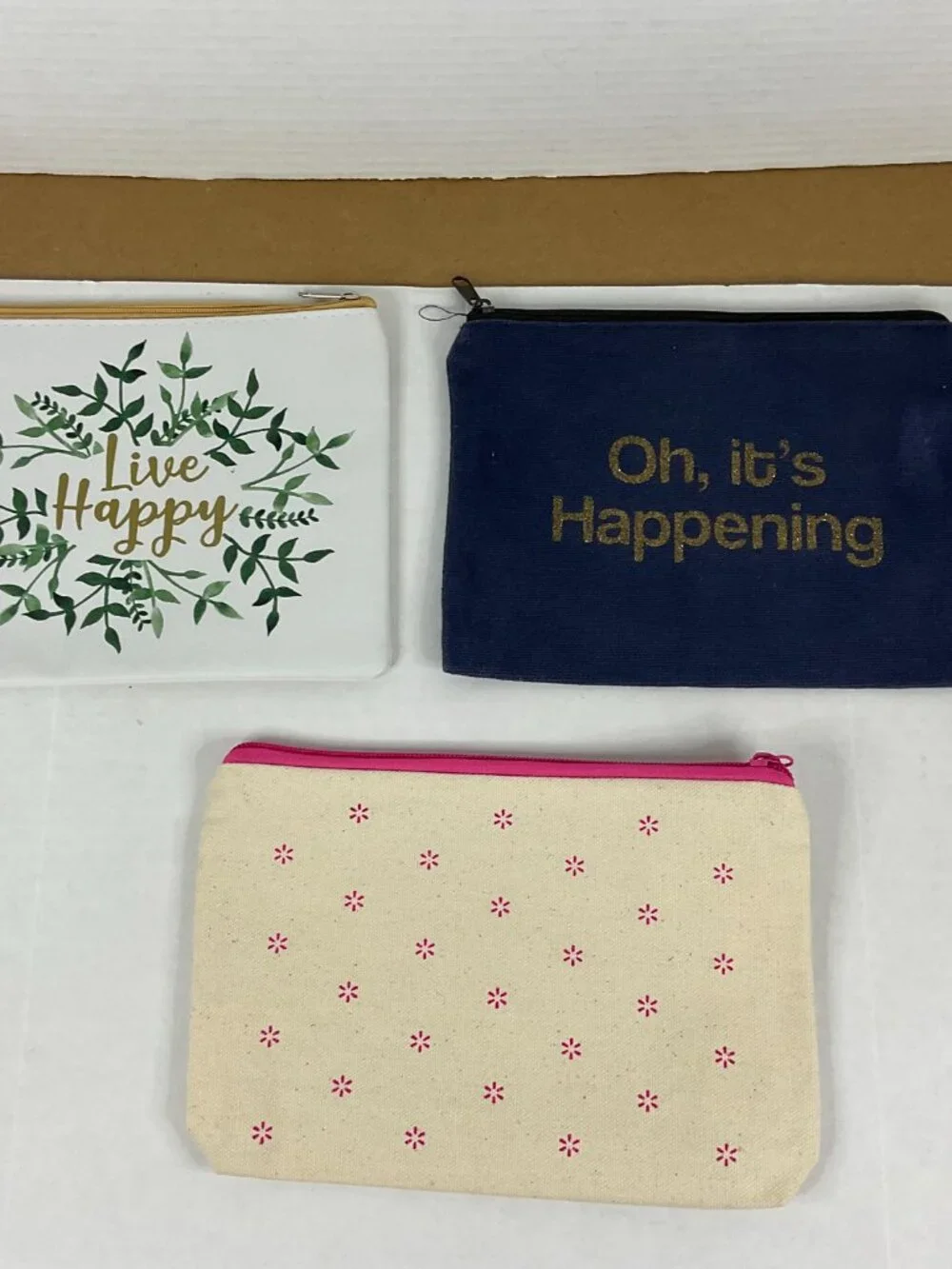 Set of 3 Cosmetic & Travel Pouches | Canvas & Faux Leather Zip Bags